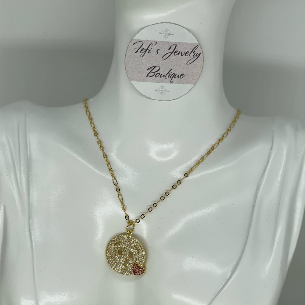 18k Gold Filled Emoji Kiss Face Necklace with Micro-Paved Cubic Zirconia Stones